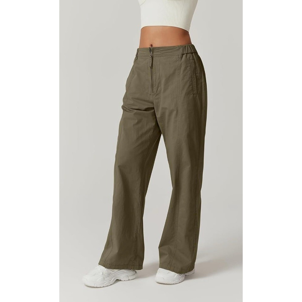 Qinsen Olive Wide Leg Cotton Palazzo Pants Mid Rise Relaxed Cargo Green Small